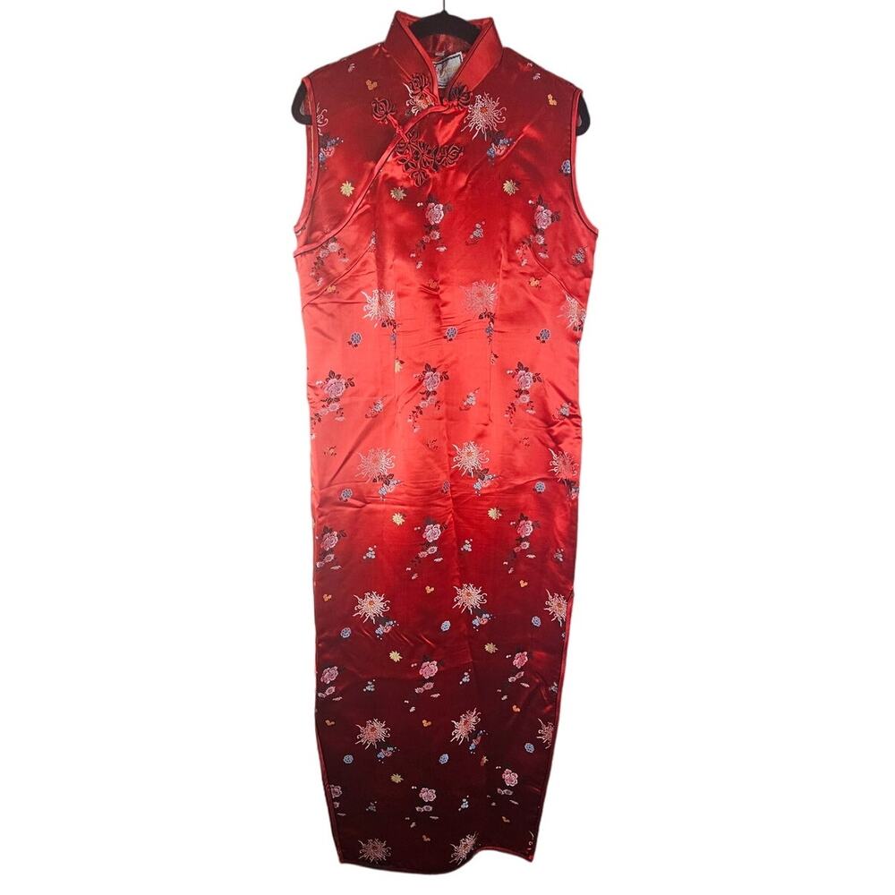 Vintage Solz Squirrel 42 Red Chinese Long Dress Floral Glam Formal Slit